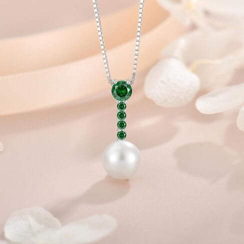 Pearl Jewelry Set for women, 925 Sterling Silver Dainty Round Freshwater Pearl with Emerald Pendant Earring Ideal May Birthstone Jewelry Gifts for Her in Saudi Arabia