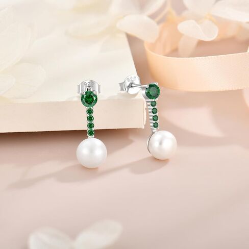 Pearl Jewelry Set for women, 925 Sterling Silver Dainty Round Freshwater Pearl with Emerald Pendant Earring Ideal May Birthstone Jewelry Gifts for Her in Saudi Arabia