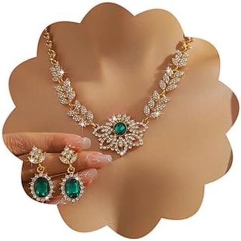 Xerling Chunky Statement Rhinestone Necklace Earrings Floral Crystal Pendant Gold Leaf Chain Necklace Green Oval Earrings Jewelry Set Bridal Wedding Accessory for Brides Women Gifts in Kuwait