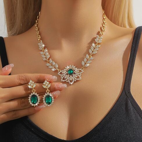 Xerling Chunky Statement Rhinestone Necklace Earrings Floral Crystal Pendant Gold Leaf Chain Necklace Green Oval Earrings Jewelry Set Bridal Wedding Accessory for Brides Women Gifts in Kuwait