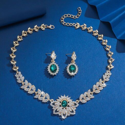 Xerling Chunky Statement Rhinestone Necklace Earrings Floral Crystal Pendant Gold Leaf Chain Necklace Green Oval Earrings Jewelry Set Bridal Wedding Accessory for Brides Women Gifts in Kuwait