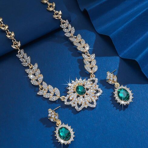 Xerling Chunky Statement Rhinestone Necklace Earrings Floral Crystal Pendant Gold Leaf Chain Necklace Green Oval Earrings Jewelry Set Bridal Wedding Accessory for Brides Women Gifts in Kuwait