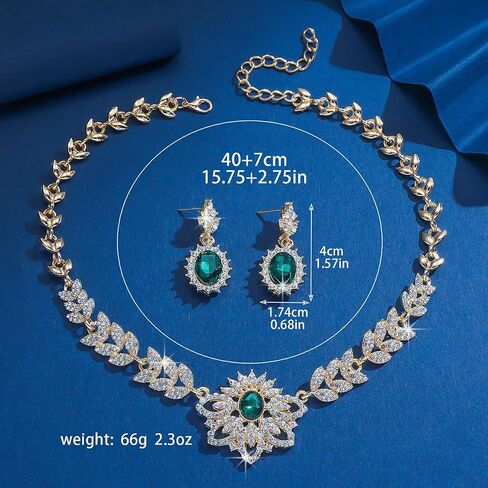 Xerling Chunky Statement Rhinestone Necklace Earrings Floral Crystal Pendant Gold Leaf Chain Necklace Green Oval Earrings Jewelry Set Bridal Wedding Accessory for Brides Women Gifts in Kuwait