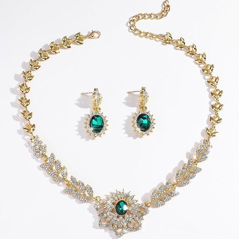Xerling Chunky Statement Rhinestone Necklace Earrings Floral Crystal Pendant Gold Leaf Chain Necklace Green Oval Earrings Jewelry Set Bridal Wedding Accessory for Brides Women Gifts in Kuwait