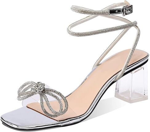 XINIUNIU Clear Bow Heels for Women Rhinestone Heeled Sandals Strap Transparent Crystal Square Toe Block Chunky Heels 2.5 Inch Dress Wedding Shoes in Saudi Arabia