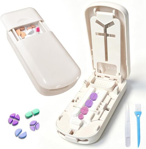Pill Splitter 1/2,1/3 &1/4 for Small Pills,Vitamins, Tablet Crushing, Tiny Tablet Cutter with Storage Bag, Cleaning Brush and Tweezers, Pill Splitter Accurate Easy Cutting,Hidden Blade, Back Storage in Saudi Arabia