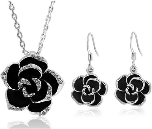 Black Jewelry Sets for Women, Rose Camellia Flower Necklace Earrings Set Fashion Rhinestone Wedding Bridal Black Rose Crystal Accessories Statement Necklac Elegant Jewelry in Saudi Arabia