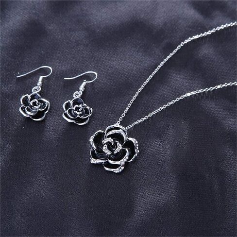 Black Jewelry Sets for Women, Rose Camellia Flower Necklace Earrings Set Fashion Rhinestone Wedding Bridal Black Rose Crystal Accessories Statement Necklac Elegant Jewelry in Saudi Arabia