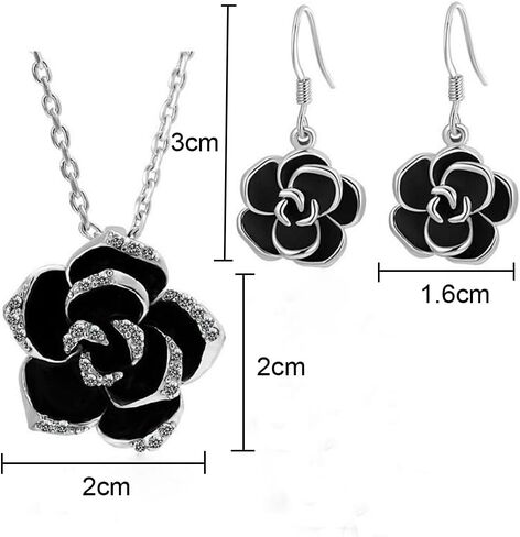 Black Jewelry Sets for Women, Rose Camellia Flower Necklace Earrings Set Fashion Rhinestone Wedding Bridal Black Rose Crystal Accessories Statement Necklac Elegant Jewelry in Saudi Arabia