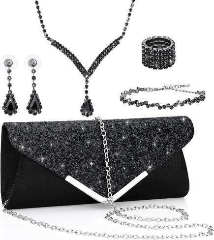 Soleebee 5 Pcs Purse Rhinestones Jewelry Set for Women Rhinestones Necklace Bracelet Earrings Bling Clutch Purse Bride Prom Evening Jewelry Set in Kuwait