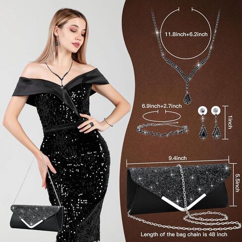 Soleebee 5 Pcs Purse Rhinestones Jewelry Set for Women Rhinestones Necklace Bracelet Earrings Bling Clutch Purse Bride Prom Evening Jewelry Set in Kuwait