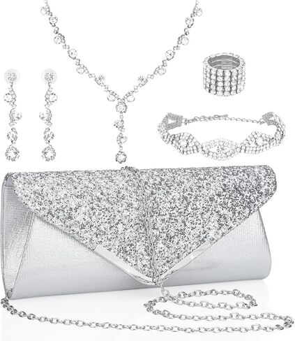 Soleebee 5 Pcs Purse Rhinestones Jewelry Set for Women Rhinestones Necklace Bracelet Earrings Bling Clutch Purse Bride Prom Evening Jewelry Set in Kuwait