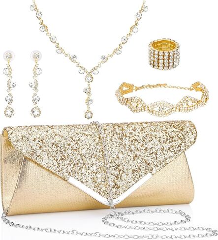 Soleebee 5 Pcs Purse Rhinestones Jewelry Set for Women Rhinestones Necklace Bracelet Earrings Bling Clutch Purse Bride Prom Evening Jewelry Set in Kuwait