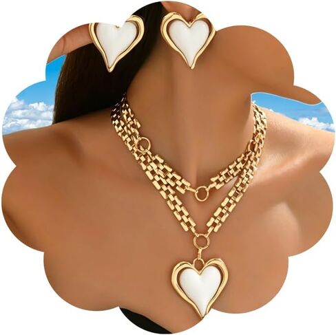 Gold Vintage Love Heart Necklace Earrings Chunky Jewelry Set for Women Bohemian Jewelry for Daily Wear or Wedding Party in Saudi Arabia