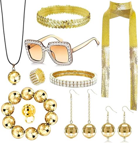 10 Pcs 70s Disco Accessory Set Women's Costume Kit with Chunky Coil Bracelet Retro Sunglasses Layered Choker And Gold Disco Earrings Perfect for Parties, Halloween, Cosplay in Kuwait