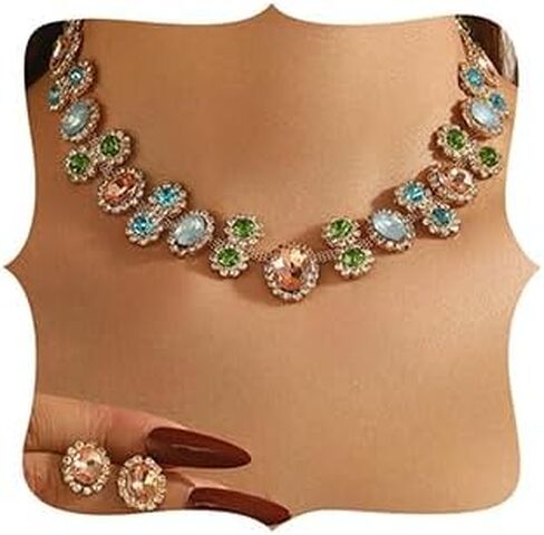 Sparkly Colorful Rose red Black Bridal Layered Crystal Necklace Earrings Set Fashion Circle Rhinestone Crystal Elegant Bridal Floral Teardrop Choker Earrings Set Christmas Halloween Rhinestone Choker Necklace for Women in Kuwait
