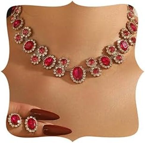 Sparkly Colorful Rose red Black Bridal Layered Crystal Necklace Earrings Set Fashion Circle Rhinestone Crystal Elegant Bridal Floral Teardrop Choker Earrings Set Christmas Halloween Rhinestone Choker Necklace for Women in Saudi Arabia