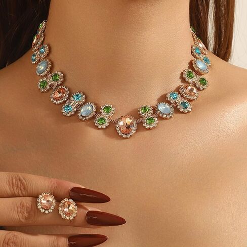 Sparkly Colorful Rose red Black Bridal Layered Crystal Necklace Earrings Set Fashion Circle Rhinestone Crystal Elegant Bridal Floral Teardrop Choker Earrings Set Christmas Halloween Rhinestone Choker Necklace for Women in Kuwait