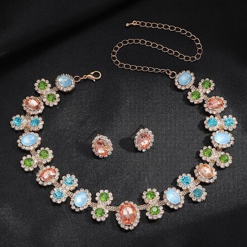 Sparkly Colorful Rose red Black Bridal Layered Crystal Necklace Earrings Set Fashion Circle Rhinestone Crystal Elegant Bridal Floral Teardrop Choker Earrings Set Christmas Halloween Rhinestone Choker Necklace for Women in Kuwait