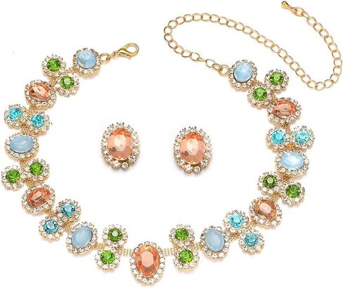 Sparkly Colorful Rose red Black Bridal Layered Crystal Necklace Earrings Set Fashion Circle Rhinestone Crystal Elegant Bridal Floral Teardrop Choker Earrings Set Christmas Halloween Rhinestone Choker Necklace for Women in Kuwait