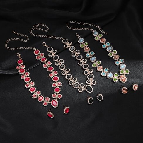 Sparkly Colorful Rose red Black Bridal Layered Crystal Necklace Earrings Set Fashion Circle Rhinestone Crystal Elegant Bridal Floral Teardrop Choker Earrings Set Christmas Halloween Rhinestone Choker Necklace for Women in Kuwait