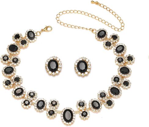 Sparkly Colorful Rose red Black Bridal Layered Crystal Necklace Earrings Set Fashion Circle Rhinestone Crystal Elegant Bridal Floral Teardrop Choker Earrings Set Christmas Halloween Rhinestone Choker Necklace for Women in Kuwait
