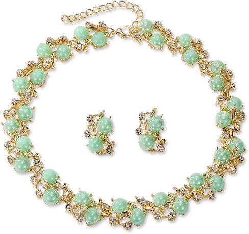 Fashion Bride Pink Blue Purple Faux Pearls Crystal leaf Bridal Wedding Necklace Earrings Jewelry Set Crystal Wedding Jewelry Set Christmas Halloween Rhinestone Choker Necklace Earrings for Women in Saudi Arabia