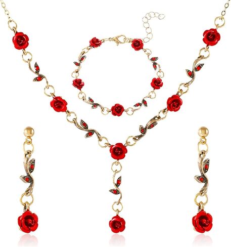 3Pcs Red Rose Jewelry Set for Women 14K Gold Plated Flower Pendant Necklace Crystal Dangle Earrings Vintage Valentine's Day Wedding Party Jewelry Gift in Kuwait
