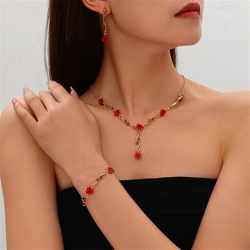 3Pcs Red Rose Jewelry Set for Women 14K Gold Plated Flower Pendant Necklace Crystal Dangle Earrings Vintage Valentine's Day Wedding Party Jewelry Gift in Kuwait