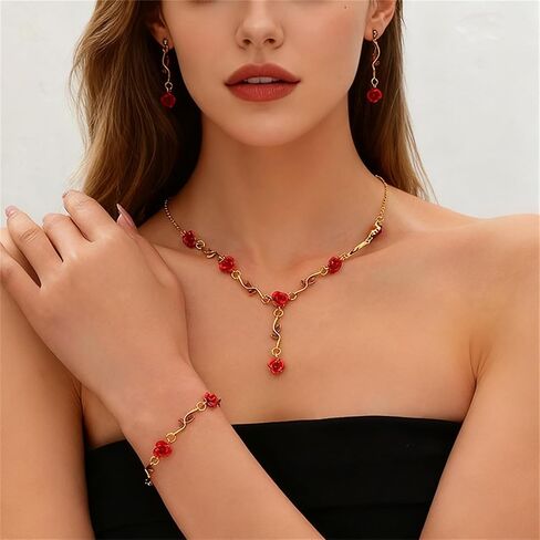 3Pcs Red Rose Jewelry Set for Women 14K Gold Plated Flower Pendant Necklace Crystal Dangle Earrings Vintage Valentine's Day Wedding Party Jewelry Gift in Kuwait