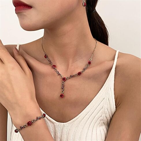 3Pcs Red Rose Jewelry Set for Women 14K Gold Plated Flower Pendant Necklace Crystal Dangle Earrings Vintage Valentine's Day Wedding Party Jewelry Gift in Kuwait
