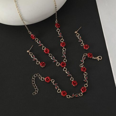 3Pcs Red Rose Jewelry Set for Women 14K Gold Plated Flower Pendant Necklace Crystal Dangle Earrings Vintage Valentine's Day Wedding Party Jewelry Gift in Kuwait