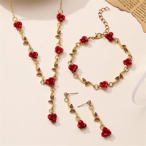 3Pcs Red Rose Jewelry Set for Women 14K Gold Plated Flower Pendant Necklace Crystal Dangle Earrings Vintage Valentine's Day Wedding Party Jewelry Gift in Kuwait