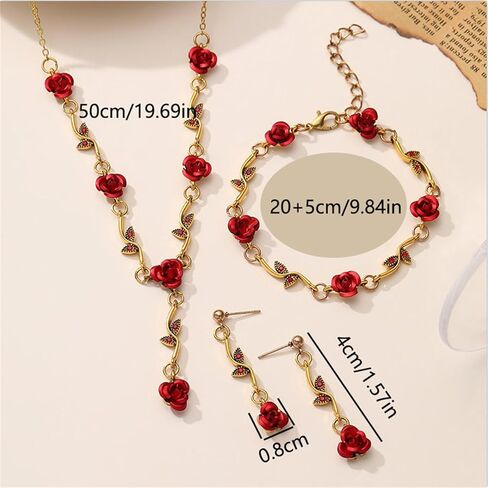 3Pcs Red Rose Jewelry Set for Women 14K Gold Plated Flower Pendant Necklace Crystal Dangle Earrings Vintage Valentine's Day Wedding Party Jewelry Gift in Kuwait