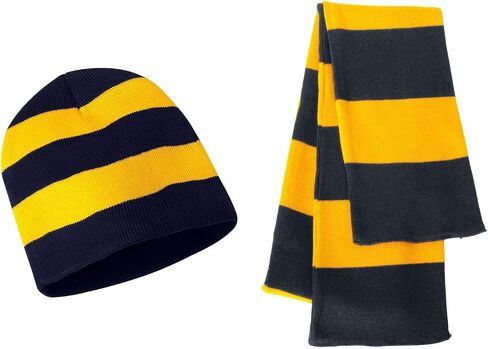 Knit Collegiate Rugby Stripe Winter Scarf & Beanie Hat Set - Assorted Colors, Navy/Gold, One Size in Saudi Arabia