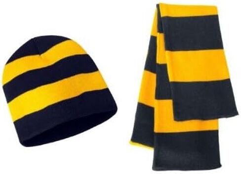 Knit Collegiate Rugby Stripe Winter Scarf & Beanie Hat Set - Assorted Colors, Navy/Gold, One Size in Saudi Arabia