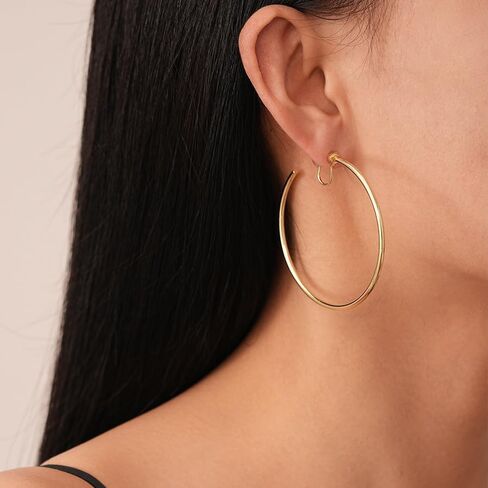 Large Gold Clip on Hoop Earrings for Women, Non Pierced Earrings with Comfortable Silicone Pads, Oversized Lightweight Thin Hoop Jewelry, Elegant Minimalist Professional Accessory, Jewelry Gift for Her in Saudi Arabia