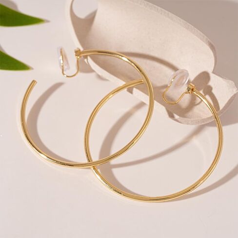 Large Gold Clip on Hoop Earrings for Women, Non Pierced Earrings with Comfortable Silicone Pads, Oversized Lightweight Thin Hoop Jewelry, Elegant Minimalist Professional Accessory, Jewelry Gift for Her in Saudi Arabia