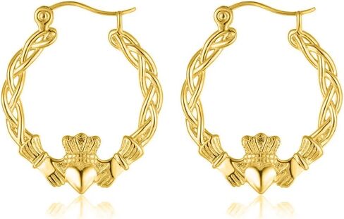 Gold Plated Claddagh Hoop Earrings 40mm – Lightweight High Polish Irish Love Symbol – 3.9g Each – Statement Jewellery for Women in Saudi Arabia