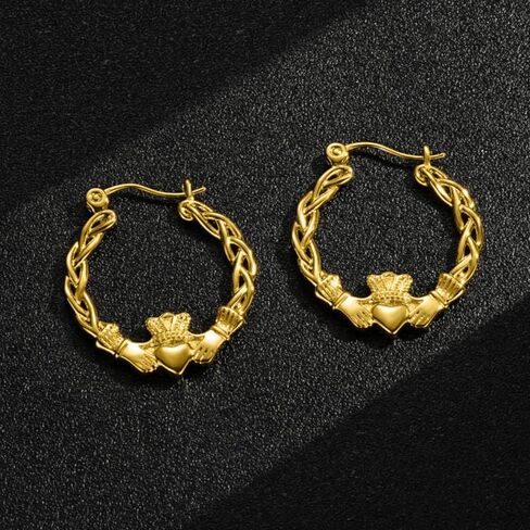 Gold Plated Claddagh Hoop Earrings 40mm – Lightweight High Polish Irish Love Symbol – 3.9g Each – Statement Jewellery for Women in Saudi Arabia