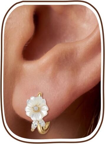 Natural Shell Flower Earrings for Women - Small Gold Hoop Earrings for Women Dainty 14K Gold Plated Hypoallergenic Huggie Earrings Lightweight Hoops Earring for Women Gifts in Saudi Arabia