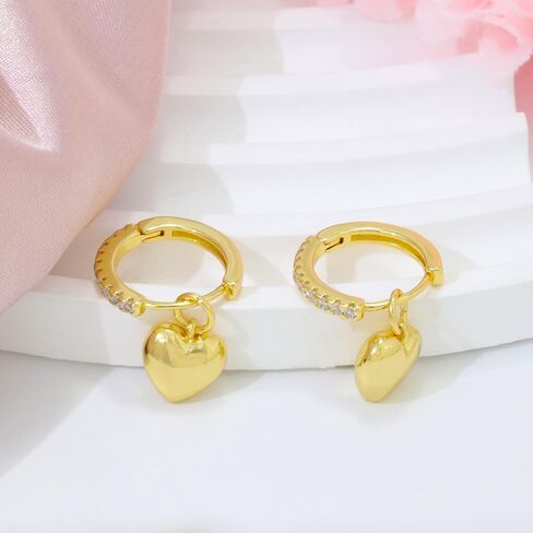 Heart Hoop Earrings for Women Gold Plated Sterling Silver CZ Heart Love Dangle Hoop Earrings Small Tiny Cubic Zirconia Dangling Huggie Jewelry Hypoallergenic Cuff Cartilage Earring for Mom Birthday in Kuwait