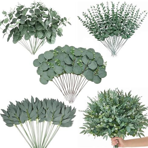 120 Pcs Artificial Eucalyptus Leaves Stems Bulk, Realistic Fake Greenery with 4 Kinds Mixed Silver Dollar, Faux Plants for DIY Floral Arrangements, Wedding Bouquets, Home, Party, Vase Decor in Kuwait