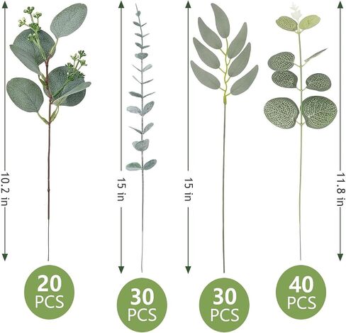 120 Pcs Artificial Eucalyptus Leaves Stems Bulk, Realistic Fake Greenery with 4 Kinds Mixed Silver Dollar, Faux Plants for DIY Floral Arrangements, Wedding Bouquets, Home, Party, Vase Decor in Kuwait