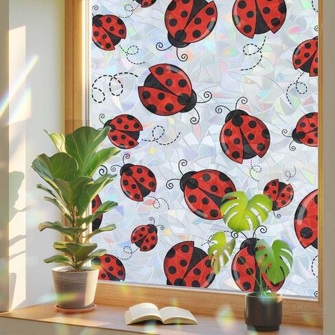 Red Ladybugs Window Privacy Film Rainbow Static Cling Stain Glass Window Film for Glass Door, Decorative Sunroof Decal Sticker for Car Bathroom Home 19.6"x39.3" Animal Themed Spring Summer Rustic in Saudi Arabia