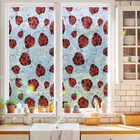 Red Ladybugs Window Privacy Film Rainbow Static Cling Stain Glass Window Film for Glass Door, Decorative Sunroof Decal Sticker for Car Bathroom Home 19.6"x39.3" Animal Themed Spring Summer Rustic in Saudi Arabia