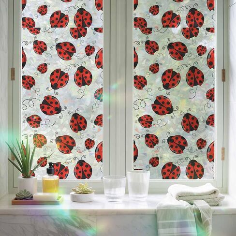Red Ladybugs Window Privacy Film Rainbow Static Cling Stain Glass Window Film for Glass Door, Decorative Sunroof Decal Sticker for Car Bathroom Home 19.6"x39.3" Animal Themed Spring Summer Rustic in Saudi Arabia