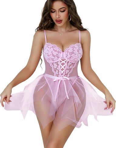 Sexy Lingerie for Women Underwire Floral Mesh Lace Sheer Babydoll Lingerie Teddy Bodysuit Skirt Set in Kuwait