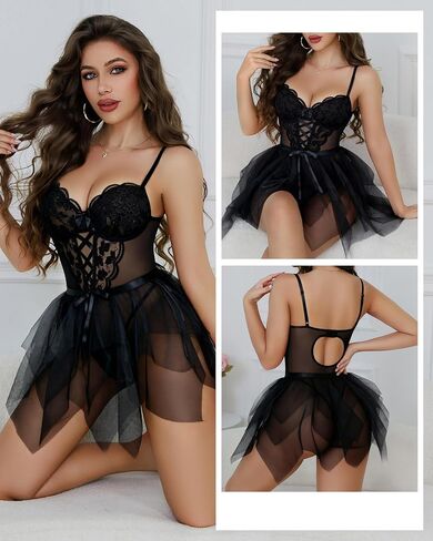 Sexy Lingerie for Women Underwire Floral Mesh Lace Sheer Babydoll Lingerie Teddy Bodysuit Skirt Set in Saudi Arabia