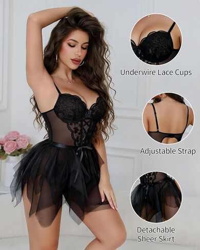 Sexy Lingerie for Women Underwire Floral Mesh Lace Sheer Babydoll Lingerie Teddy Bodysuit Skirt Set in Saudi Arabia